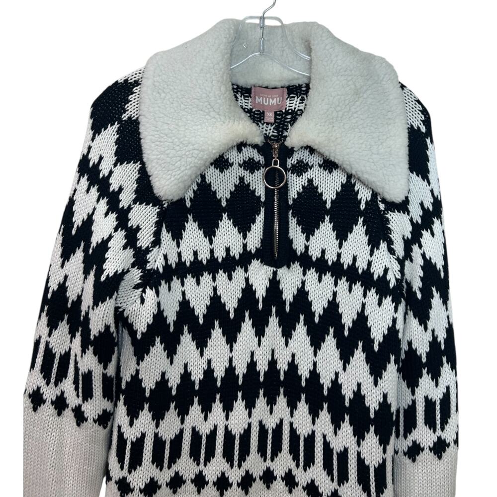 Show Me Your Mumu 'Sun Valley' Pullover Sweater Sherpa Fair-Isle, White Black XS - Picture 5 of 9